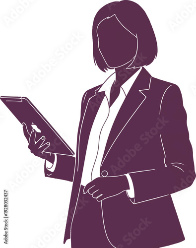Woman in business suit holding tablet purple