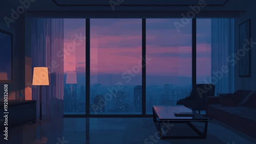 高層マンションリビング 夜景パノラマ 都市風景インテリア