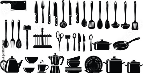 Kitchen Utensils and Cookware Silhouette Set with Knives, Spoons, Pots, Pans, Teapot, and Tableware Icons for Cooking and Restaurant Design