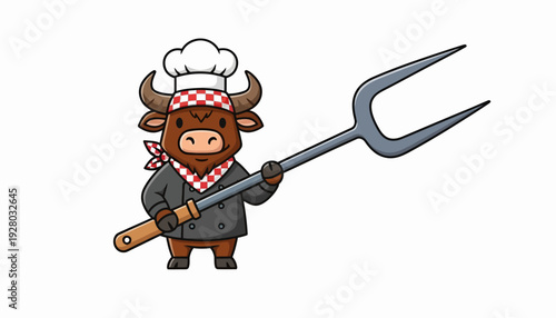 Cute Buffalo Bull Chef Character Holding Giant Grill Fork
