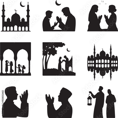Muslim Couple Silhouette Collection – Islamic Wedding & Romantic Heart Vector Icons Set