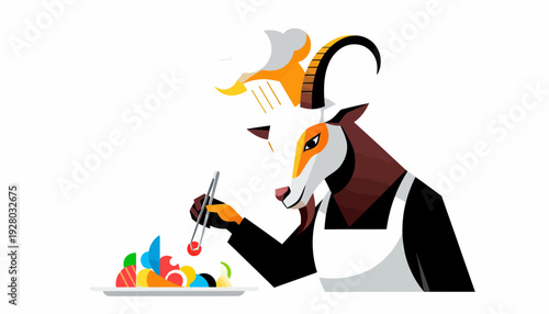 Modern Goat Chef Character Plating Healthy Salad Illustration