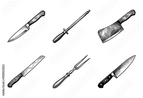 Set of kitchen knives and butcher tools in vintage woodcut style including cleaver, chef knife, sharpening steel, and carving fork.