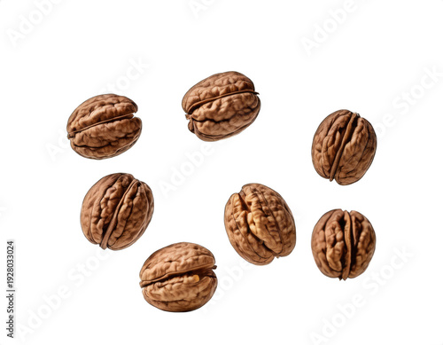 a handful of walnuts in the air, transparent background