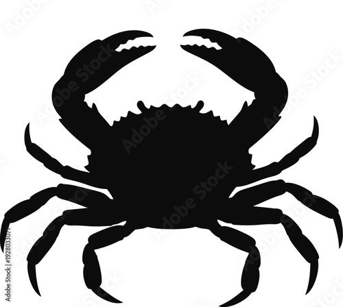 A stark black silhouette of a crab with prominent claws