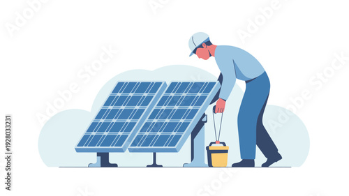 Man Installing Solar Panels for Renewable Energy.