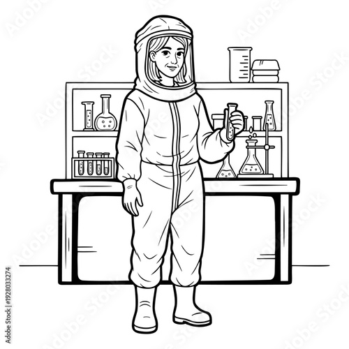 woman scientist in protective hazmat suit working in laboratory coloring page style doodle