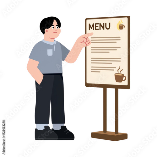 Young Man Choosing Food from Menu Stand at Cafe or Restaurant