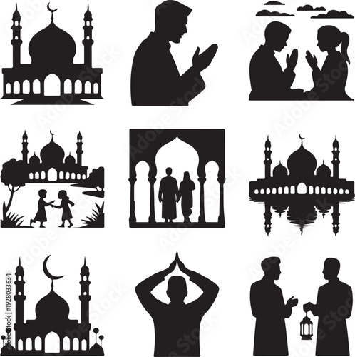 Muslim Couple Silhouette Collection – Islamic Wedding & Romantic Heart Vector Icons Set