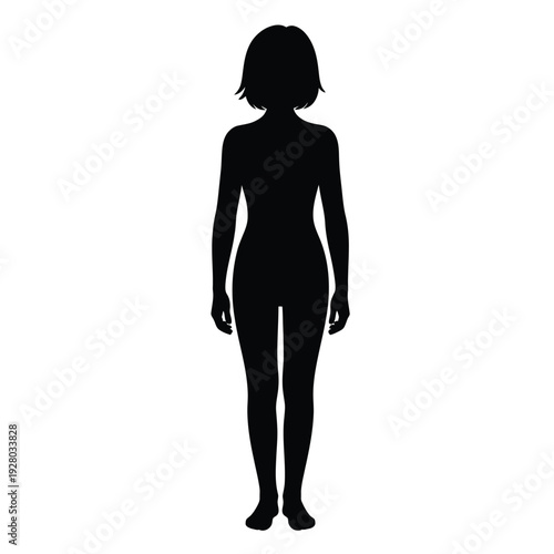 A stark silhouette of a woman facing forward showcasing a slender physique