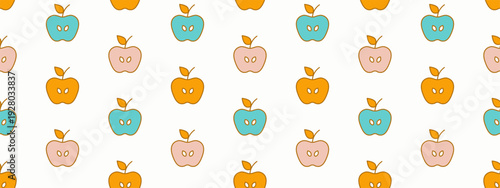 Cute apple icons on white background. Seamless pattern with geometric fruits. Cute summer food background drawn with apples, kid vector illustration