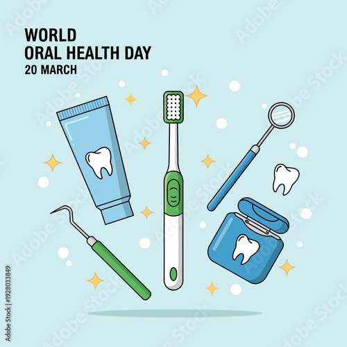 World Oral Health Day dental care tools and toothbrush on blue background