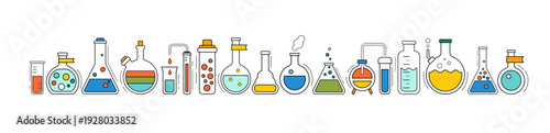 Science laboratory, school chemistry banner with with white background. Medical, chemical or biology lab, school education concept with tubes and flasks, vector illustration