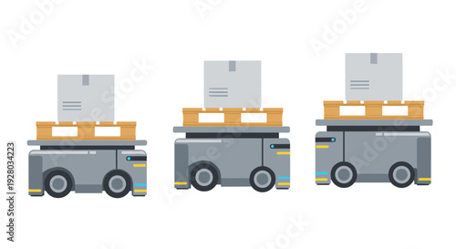 Three automated guided vehicles transport pallets and boxes on white.