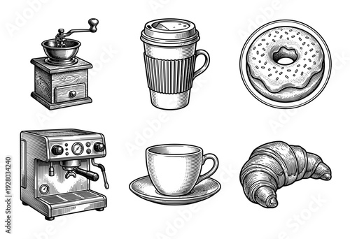 Vintage style woodcut illustration of coffee shop elements including espresso machine, manual bean grinder, take out cup, donut, and croissant.