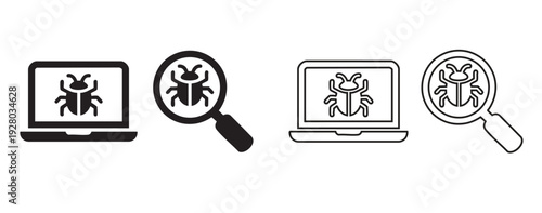 Black and white of bug on laptop and magnifying glass