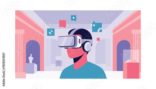 Man experiencing virtual reality technology in modern space