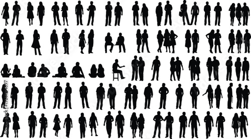 Black silhouettes of people in diverse poses, standing, sitting, walking, interacting, socializing, companionship, teamwork, lifestyle, minimalistic vector illustration