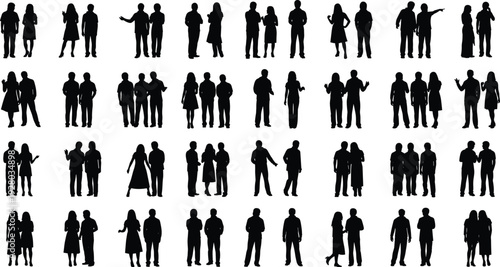 Black silhouettes of people in groups and pairs, men and women standing and talking together, flat vector illustration collection