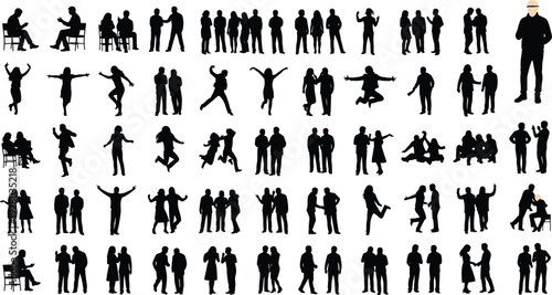 Black silhouettes of people in various poses, walking, sitting, standing, jumping, communicating, and interacting isolated on white background