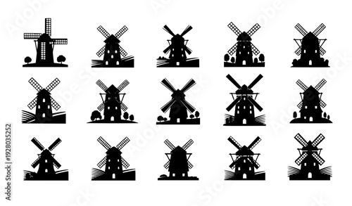 Traditional Windmills Black Silhouette Vector Renewable Energy and Rural Design Set