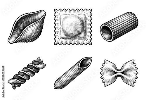 Vintage style hand drawn woodcut illustration of various pasta shapes including penne fusilli ravioli farfalle and rigatoni