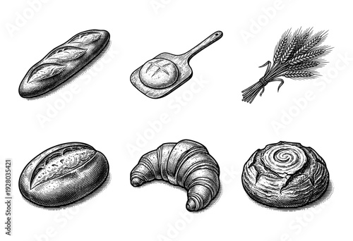 Vintage hand drawn bakery collection featuring assorted bread loaves, croissant, wheat stalks, and baker's peel in woodcut engraving style.