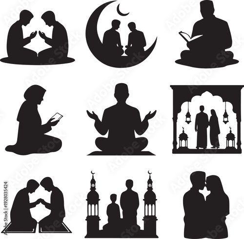 Muslim Couple Silhouette Collection – Islamic Wedding & Romantic Heart Vector Icons Set