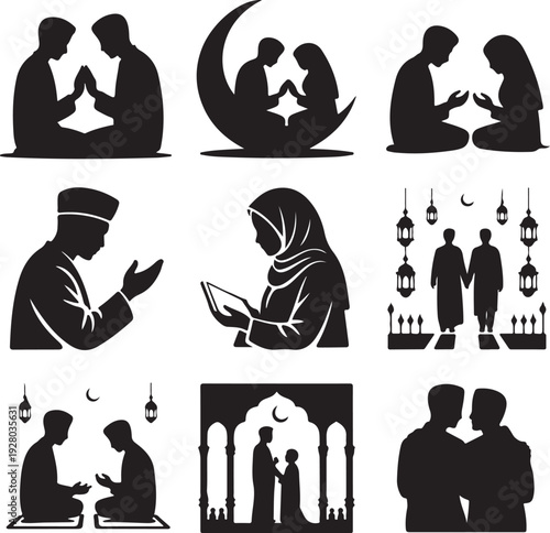 Muslim Couple Silhouette Collection – Islamic Wedding & Romantic Heart Vector Icons Set