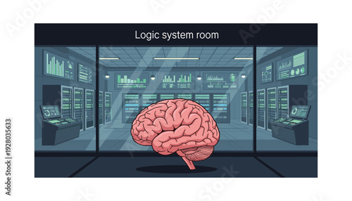 Brain in modern logic system room with computer servers and data screens