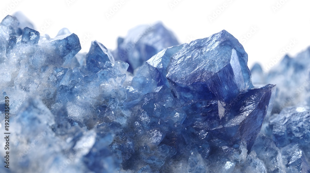 Obraz premium Close-up Macro of Natural Blue Celestine Crystal Cluster with Detailed Faceted Geometries and Mineral Textures Isolated on White Background