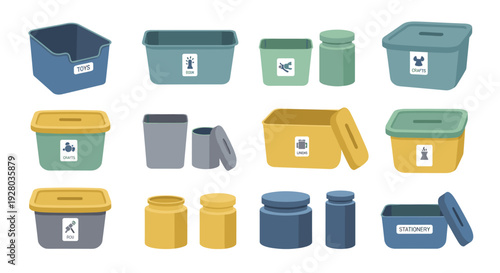 Assorted storage containers and jars with labels on a white surface.