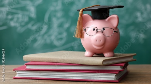 Cute piggy bank wearing graduation cap and glasses on top of stacked books against chalkboard background, symbolizing education savings