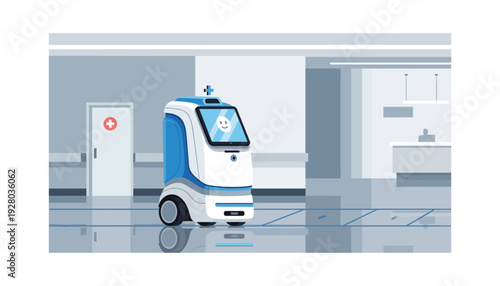 Friendly robot delivering medical care in modern hospital