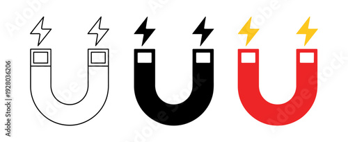 Magnet vector icon set isolated on white background, magnetic attraction and energy force symbols, science