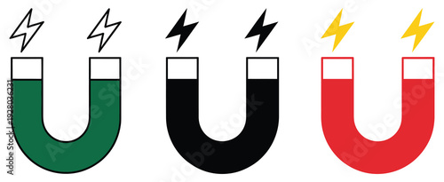 Magnet icon set vector on white background, power and force energy attraction symbols, science and physics concept, metal and iron horseshoe shape magnet illustration, editable flat and line style des