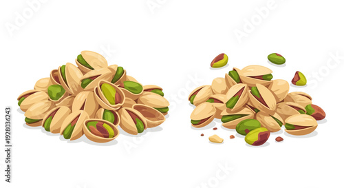 Piles of pistachios cracked and whole with scattered shells
