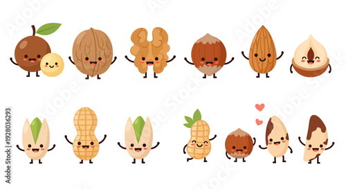 Cute cartoon nuts and peanuts arranged in a cheerful row