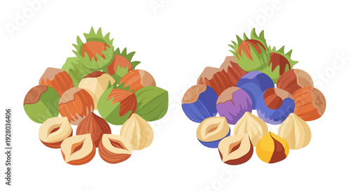 Colorful illustration depicting piles of hazelnuts in and out of shells