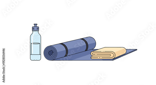 Water bottle, rolled blue yoga mat, and folded beige towel.