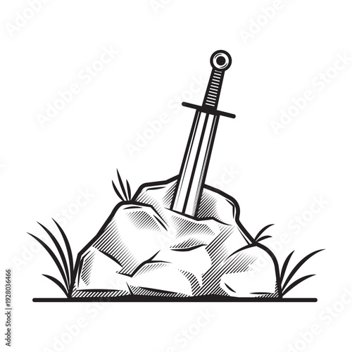 Vintage Medieval Sword in the Stone Illustration Vector Isolated