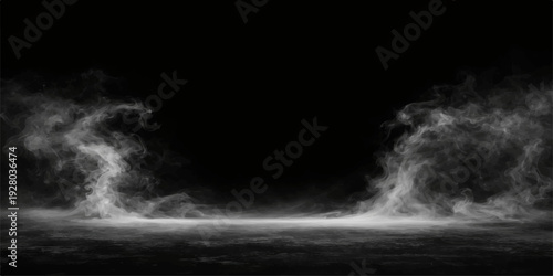 White Smoke on Black Background – Abstract Fog Waves Panoramic Banner with Copy Space