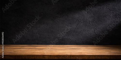 Dark studio background with wooden table and spotlight product display mockup