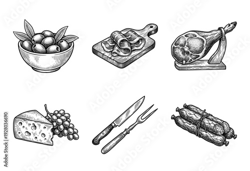 Vintage engraving collection of gourmet appetizers featuring olives, prosciutto, cheese, grapes, and cured meats in a classic hand-drawn woodcut style.