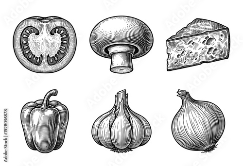 Vintage woodcut style engraving of food ingredients featuring tomato, mushroom, cheese, bell pepper, garlic, and onion