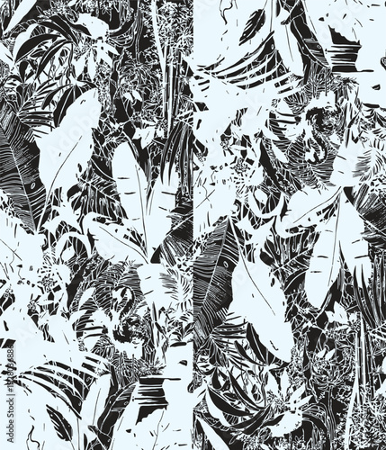 botanic seamless pattern with exotic flowers and leaves, hand drawn background. floral pattern. Tile with tropical leaf