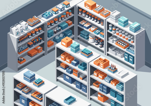 Isometric view of a well-stocked retail store or pharmacy with shelves filled with various products