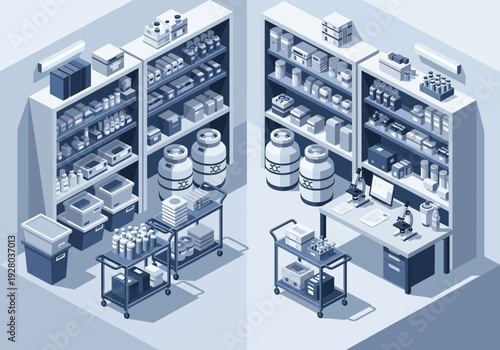 Isometric illustration of a laboratory storage room with shelves, carts, and a workstation