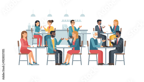 Diverse group of people networking and socializing over coffee in modern cafe