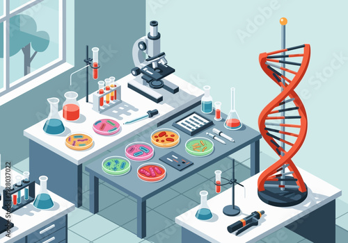 Modern science laboratory with DNA model and microscope for research and innovation